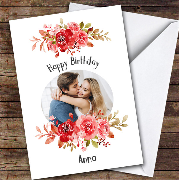 Personalized Coral Red Floral Watercolor Romantic Photo Happy Birthday Card