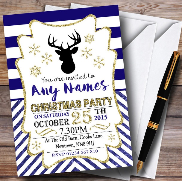 Gold & Dark Blue Chevrons Personalized Christmas Party Invitations