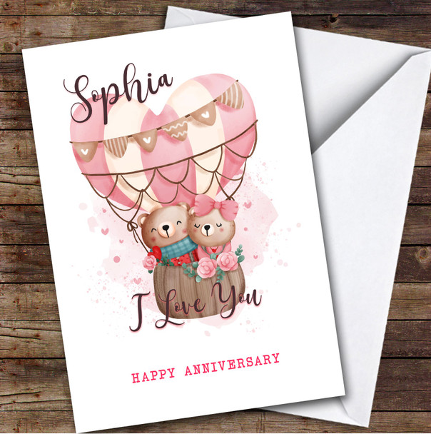 Personalized Cute Bears Floral Hot Air Balloon Romantic Happy Anniversary Card