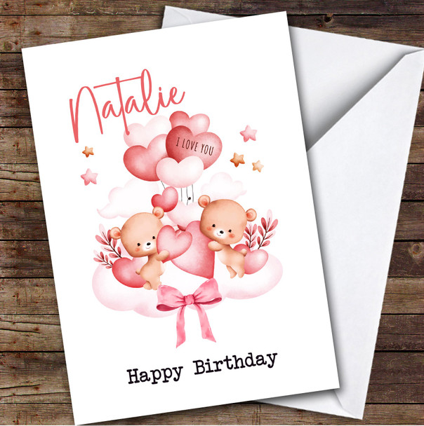 Personalized Cute Bears Watercolor Balloon Hearts Romantic Happy Birthday Card