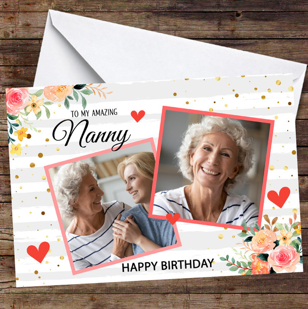 Personalized Amazing Nanny Floral Sparkle Dots Border Happy Birthday Photo Card