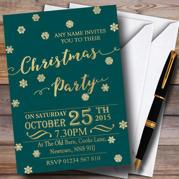 Golden Snowflakes & Deep Teal Personalized Christmas Party Invitations