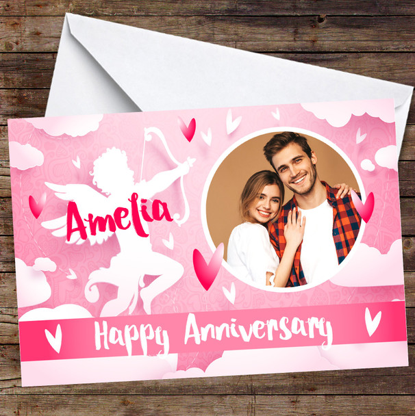 Personalized Cupid Pink Hearts Romantic Photo Happy Anniversary Card