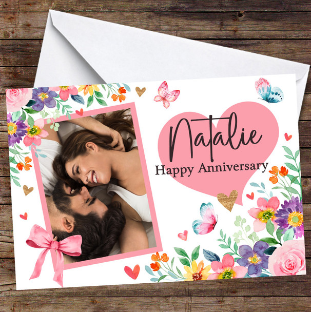 Personalized Floral Bright Watercolor Butterflies Photo Happy Anniversary Card