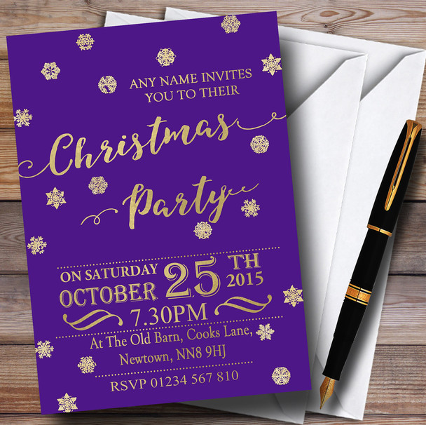 Golden Snowflakes & Purple Personalized Christmas Party Invitations