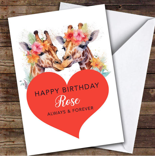 Personalized Cute Giraffe Heart & Floral Happy Birthday Romantic Card