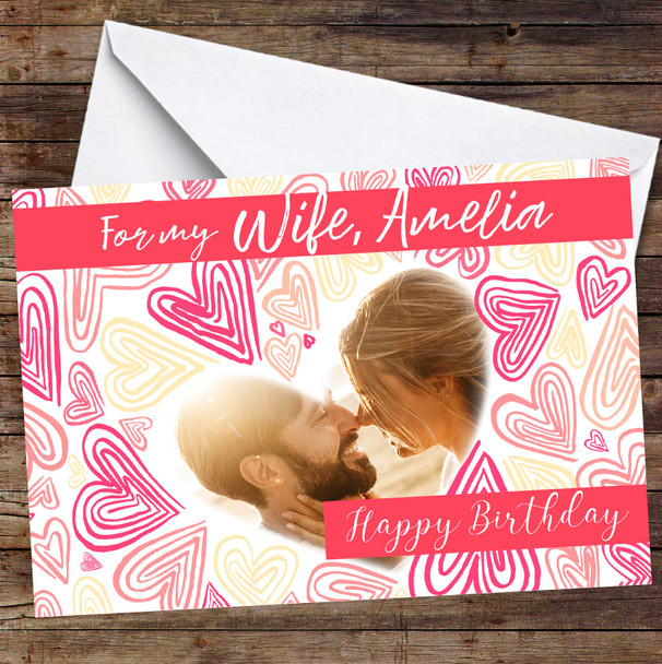 Personalized Pink Peach Heart Doodle For My Wife Photo Happy Birthday Card