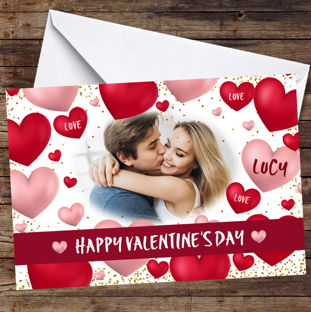 Personalized Red Hearts Background Sparkle Dots Happy Valentine's Day Card