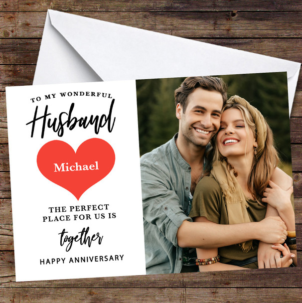 Personalized Romantic Couple Photo Heart Happy Anniversary Husband Card