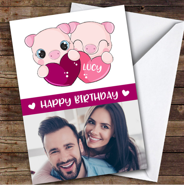 Personalized Cute Pigs Pink & Purple Hearts Photo Romantic Happy Birthday Card