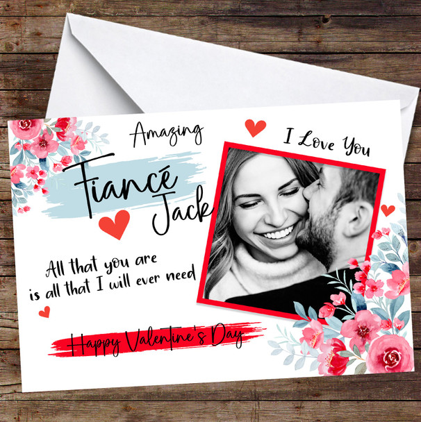 Personalized Amazing Fiancé Red Floral Photo Valentine's Day Card