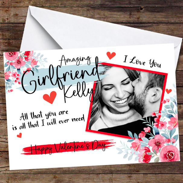 Personalized Amazing Girlfriend Red Floral Photo Valentine's Day Card