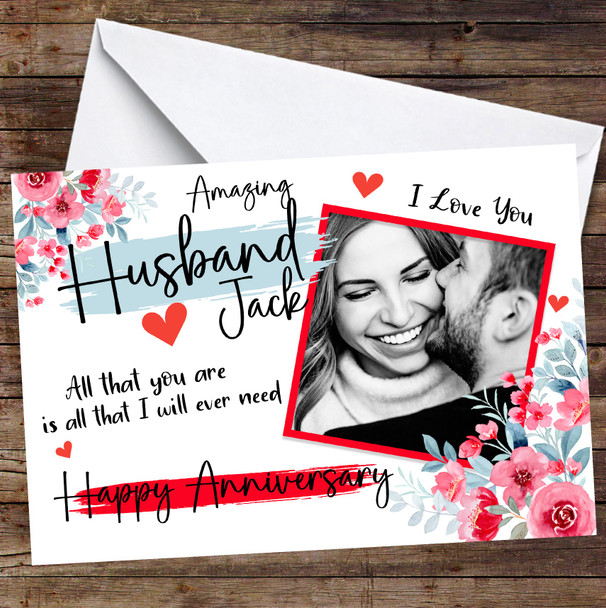 Personalized Amazing Husband Red Floral Photo Anniversary Card