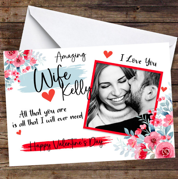 Personalized Amazing Wife Red Floral Photo Valentine's Day Card