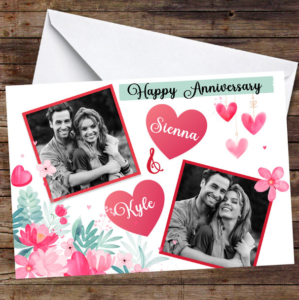 Personalized Floral Hearts Photo Frames Anniversary Card
