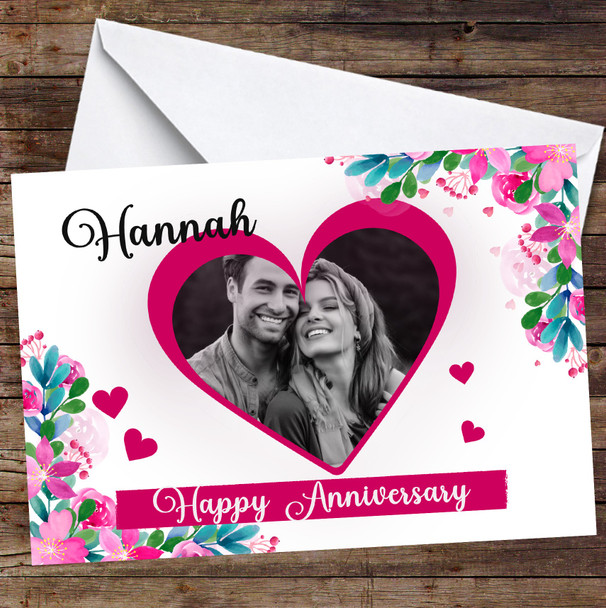 Personalized Pink Floral Heart Photo Frame Anniversary Card