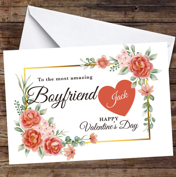 Personalized Valentine's Card For Boyfriend Red And Gold Floral Card