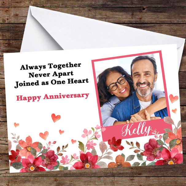 Personalized Coral Red Floral Always Together Happy Anniversary Photo Card