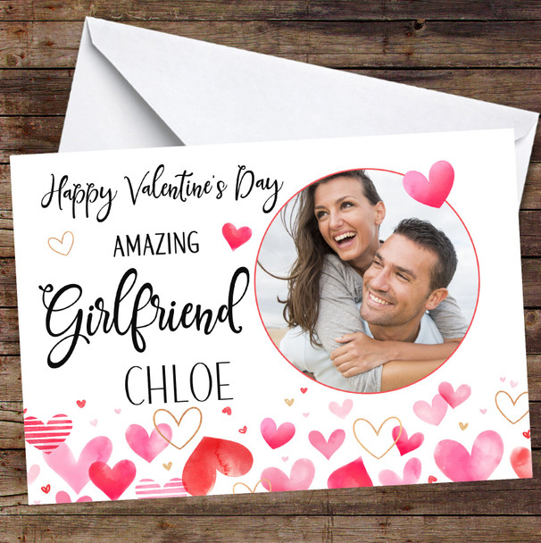 Personalized Pink Hearts Photo Happy Valentine's Amazing Girlfriend Card