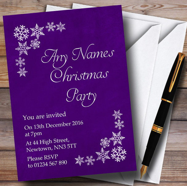 White Snowflake & Purple Personalized Christmas Party Invitations