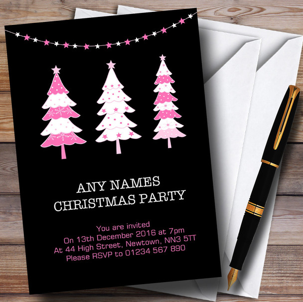 Xmas Trees Black & Pink Personalized Christmas Party Invitations