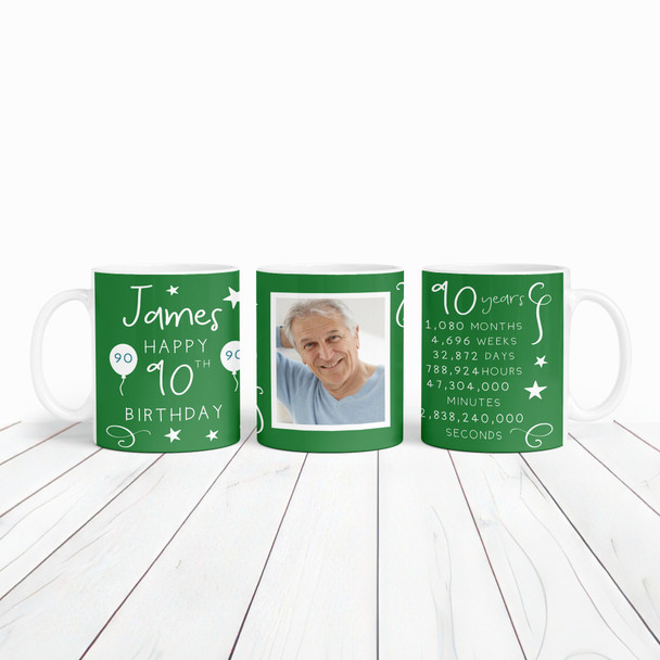 90th Birthday Gift For Him Green Photo Mins Seconds Tea Coffee Personalized Mug