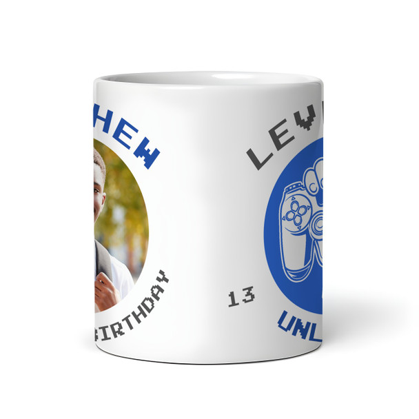 13th Birthday Photo Gift For Teenage Boy Blue Gaming Level Up Personalized Mug