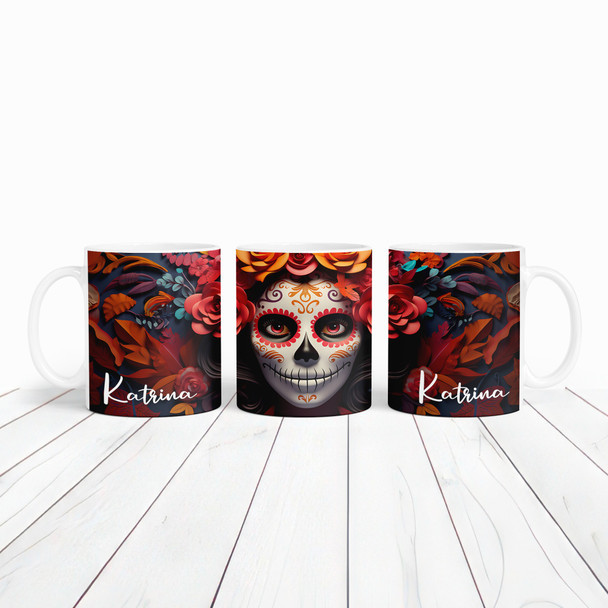 Catrina Day Of The Dead Name Orange Floral Tea Coffee Cup Gift Personalized Mug