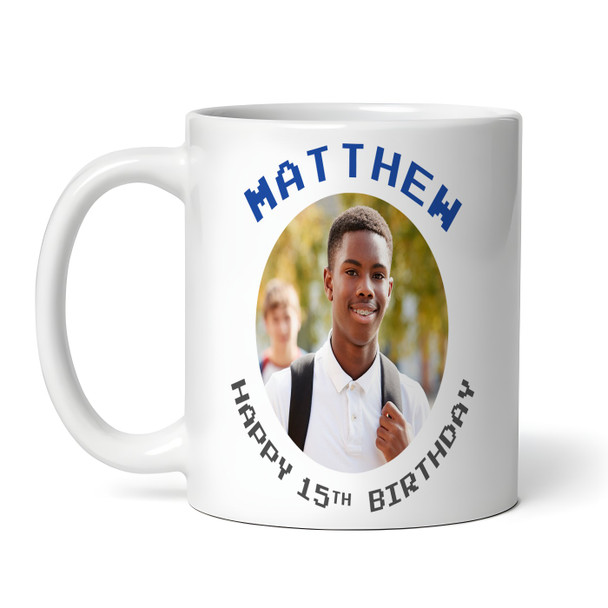 15th Birthday Photo Gift For Teenage Boy Blue Gaming Level Up Personalized Mug