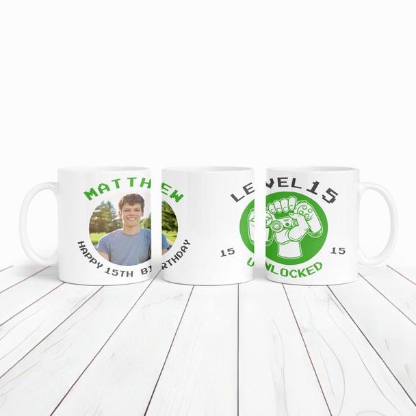 15th Birthday Photo Gift For Teenage Boy Green Gaming Level Up Personalized Mug