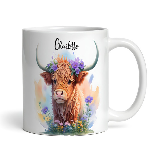 Watercolor Floral Cute Flowers Highland Cow Name Tea Coffee Personalized Mug