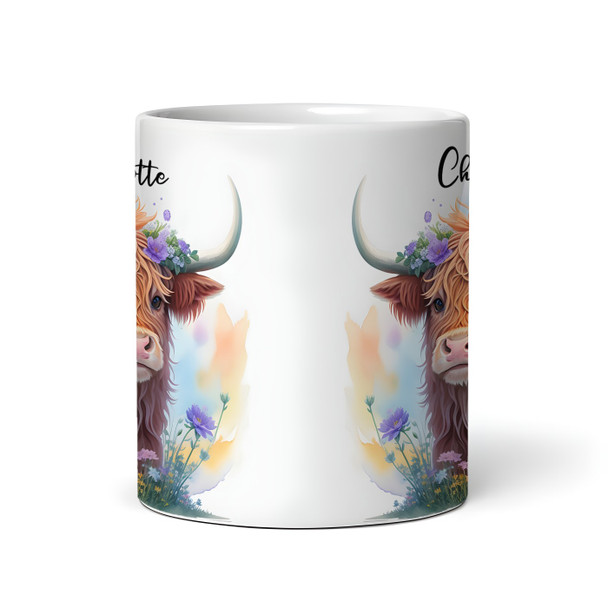 Watercolor Floral Cute Flowers Highland Cow Name Tea Coffee Personalized Mug