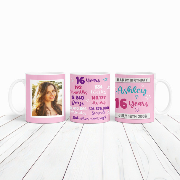 16th Birthday Gift For Teenage Girl Pink Photo Minutes Seconds Personalized Mug