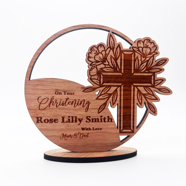 Engraved Wood On Your Christening Floral Cross Keepsake Personalized Gift