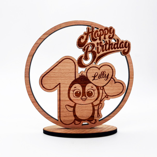 Engraved Wood Kids Penguin 1st Happy Birthday Heart Keepsake Personalized Gift