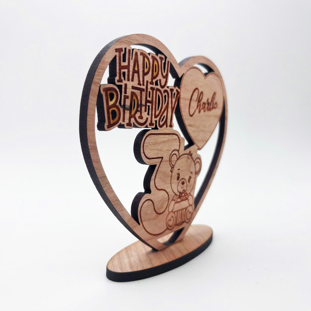 Wood Kids Teddy Bear 3rd Happy Birthday Heart Keepsake Personalized Gift