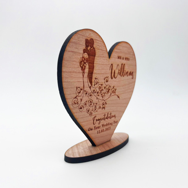 Wood On Your Wedding Day Bride &  Groom Heart Floral Keepsake Personalized Gift