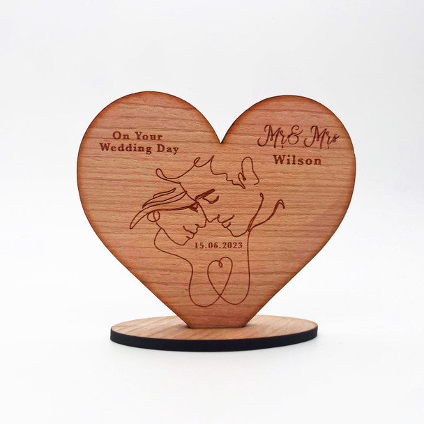 Wood On Your Wedding Day Linear Art Couple Heart Keepsake Personalized Gift