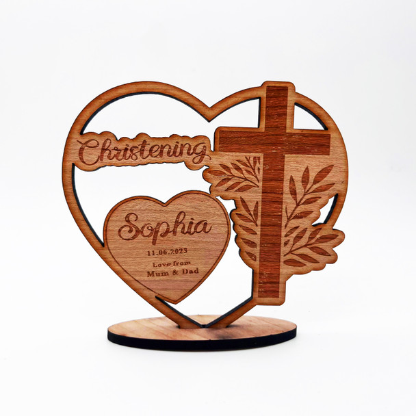 Engraved Wood Christening Leaf Cross Heart Keepsake Personalized Gift