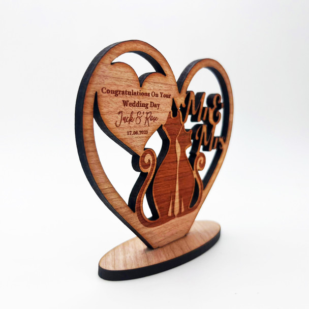 Engraved Wood Wedding Day Cats Congratulations Heart Keepsake Personalized Gift