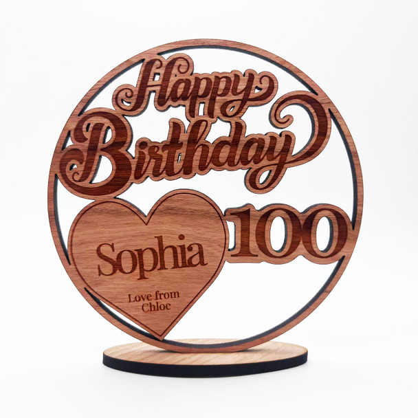 Wood 100th Happy Birthday Milestone Age Heart Keepsake Personalized Gift