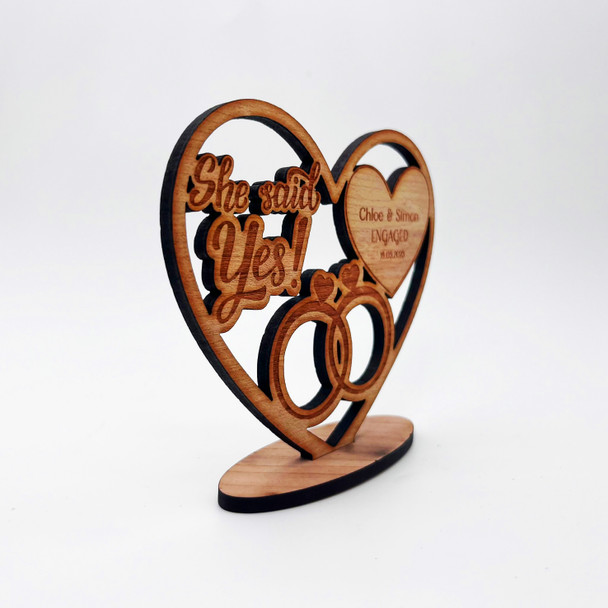 Engraved Wood Engagement Rings She Said Yes Heart Keepsake Personalized Gift