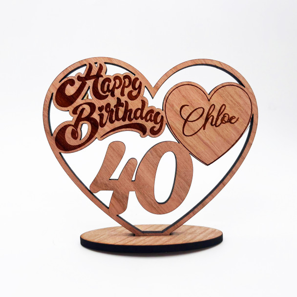 Engraved Wood 40th Happy Birthday Heart Milestone Age Keepsake Personalized Gift