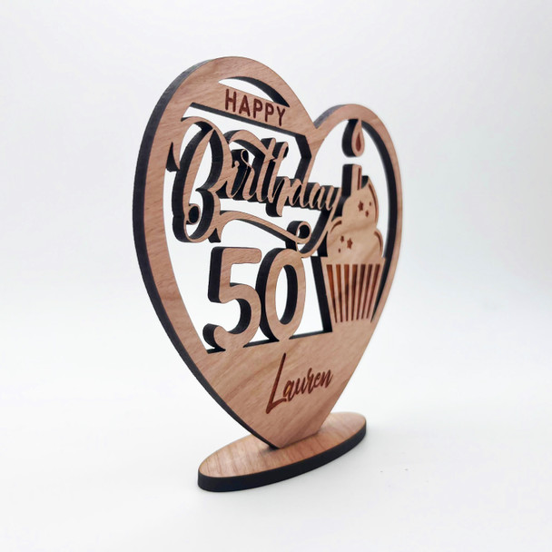 Engraved Wood 50th Birthday Cupcake Milestone Age Keepsake Personalized Gift