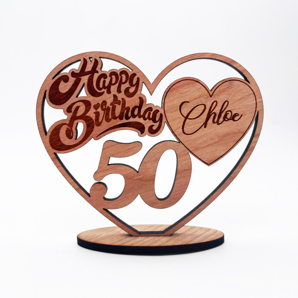 Engraved Wood 50th Happy Birthday Heart Milestone Age Keepsake Personalized Gift