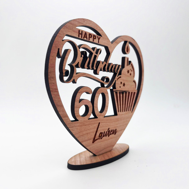 Engraved Wood 60th Birthday Cupcake Milestone Age Keepsake Personalized Gift