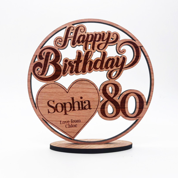 Engraved Wood 80th Happy Birthday Milestone Age Heart Keepsake Personalized Gift