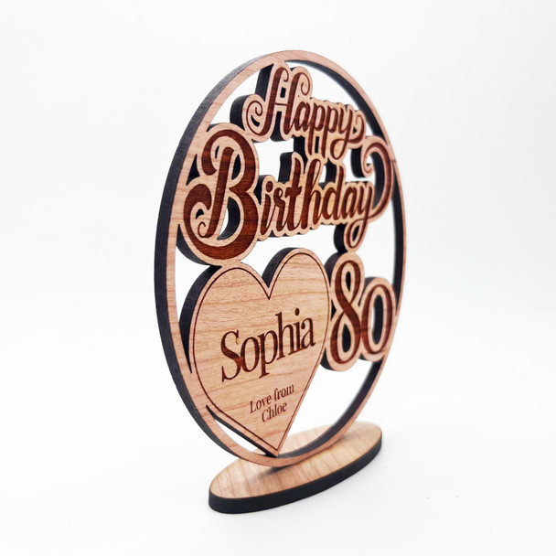 Engraved Wood 80th Happy Birthday Milestone Age Heart Keepsake Personalized Gift