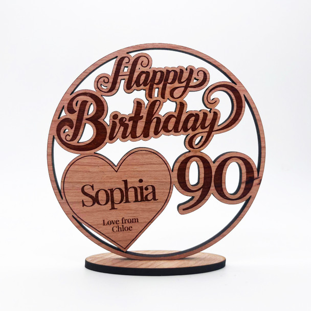 Engraved Wood 90th Happy Birthday Milestone Age Heart Keepsake Personalized Gift