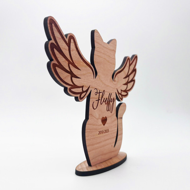 Engraved Wood Cat Wings Memorial Pet Loss Dates Angel Keepsake Personalized Gift